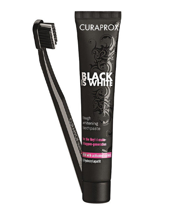 Curaprox Black is White komplekts. Zobu pasta ar melno ogli un 5460 zobu birste